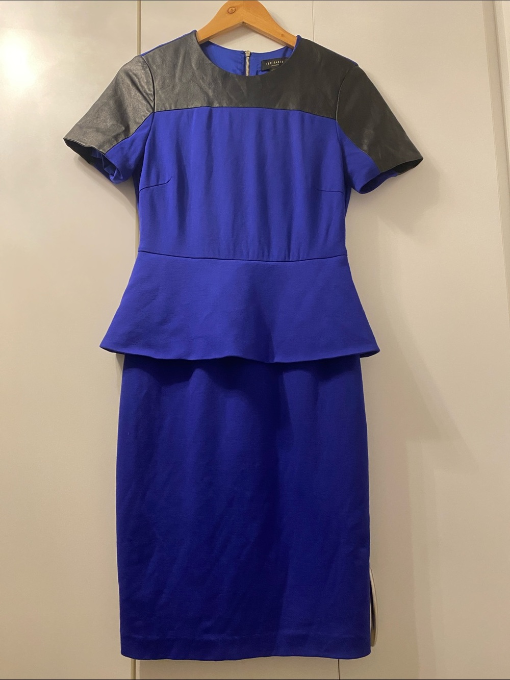 Ted baker Cobalt Blue Peplum Dress with Black faux leather sleeve detail